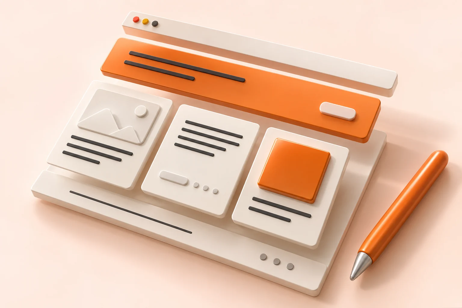 An exploded website layout made from ivory and orange interface components