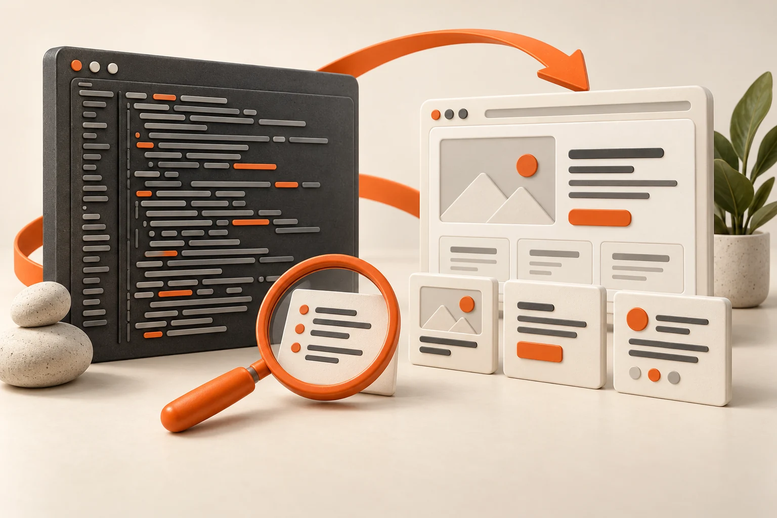 A crowded code panel beside organized website components, with an orange magnifying glass and a looping ribbon representing review and refinement
